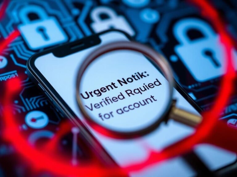 Flick International Close-up of a smartphone displaying a Chase Bank urgent text message, surrounded by a magnifying glass and warning symbols indicating caution.