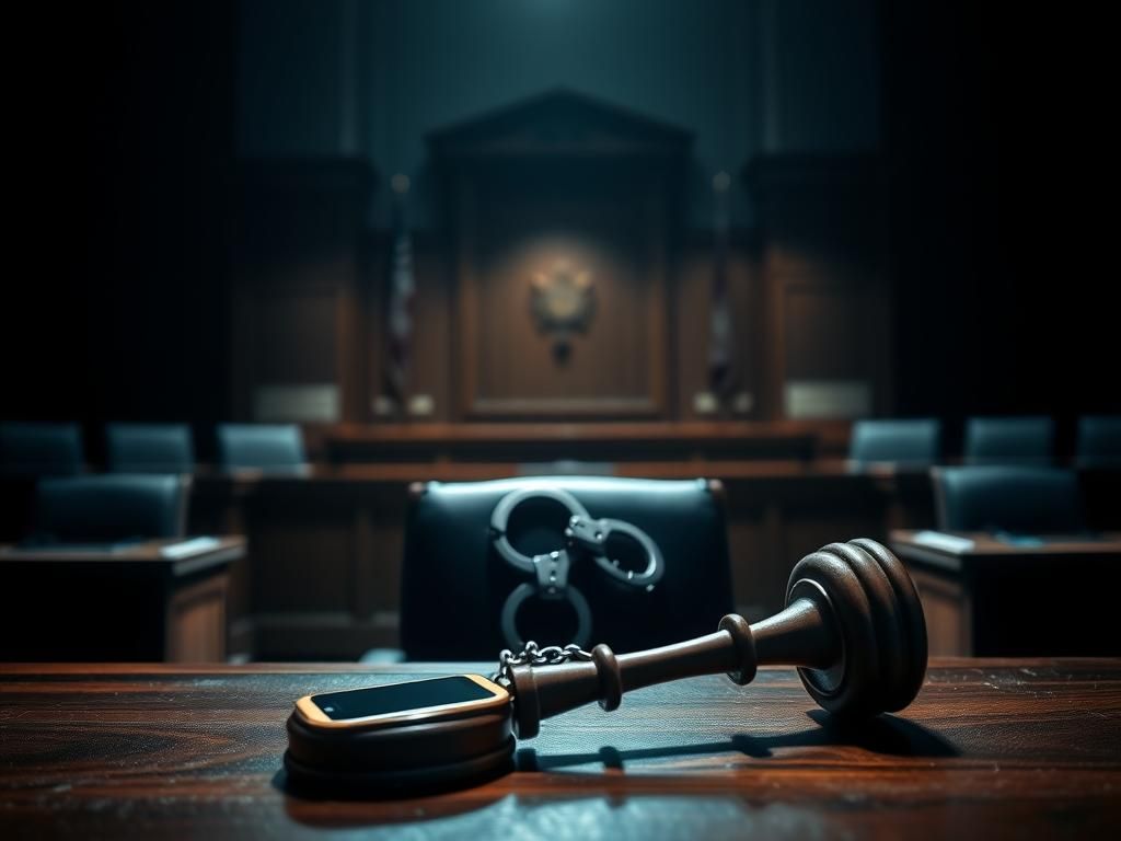 Flick International Dimly lit courtroom scene showcasing empty witness stand with ominous handcuffs