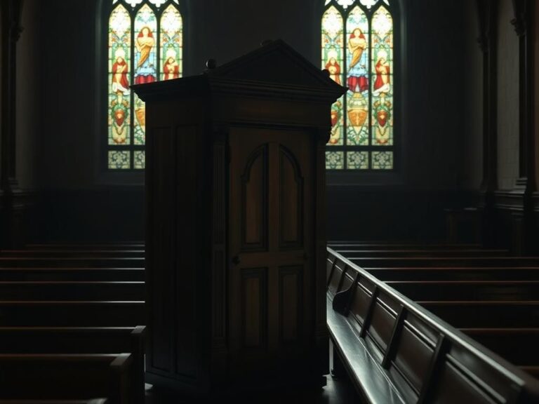 Flick International A traditional church interior featuring a wooden confessional booth and stained glass windows
