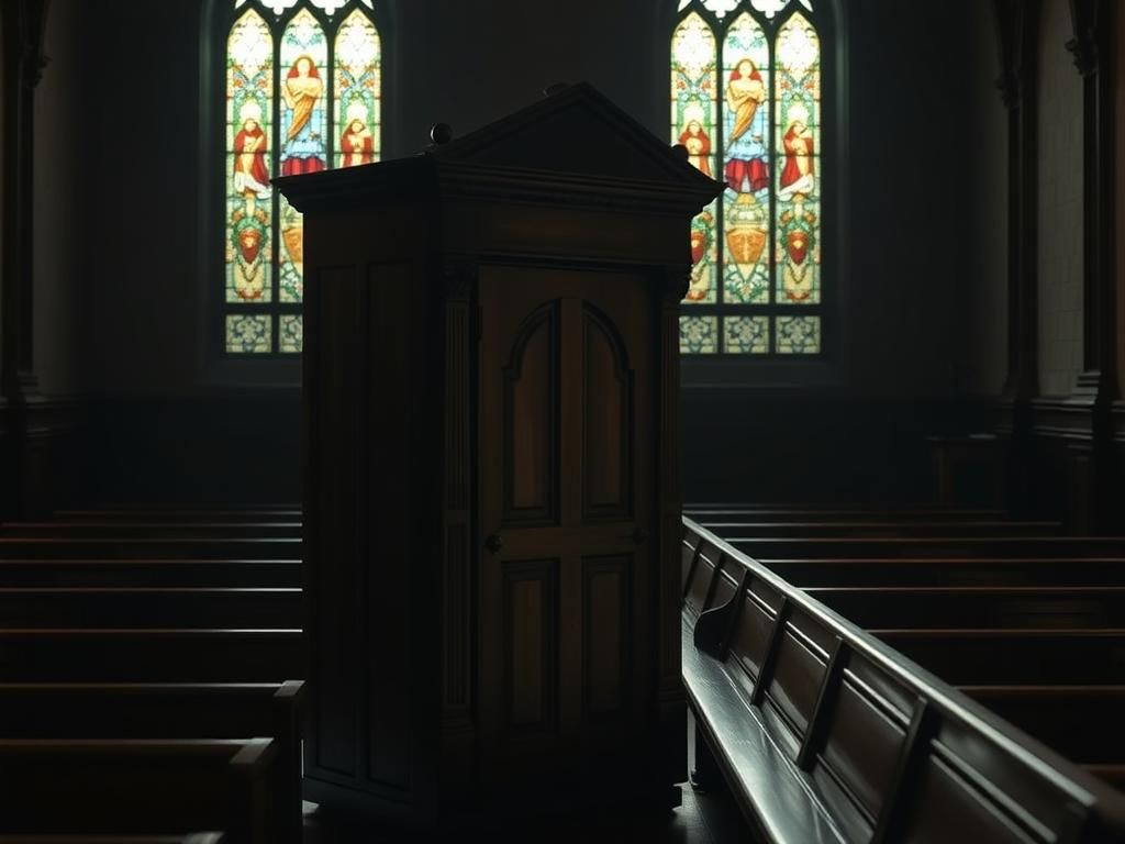 Flick International A traditional church interior featuring a wooden confessional booth and stained glass windows