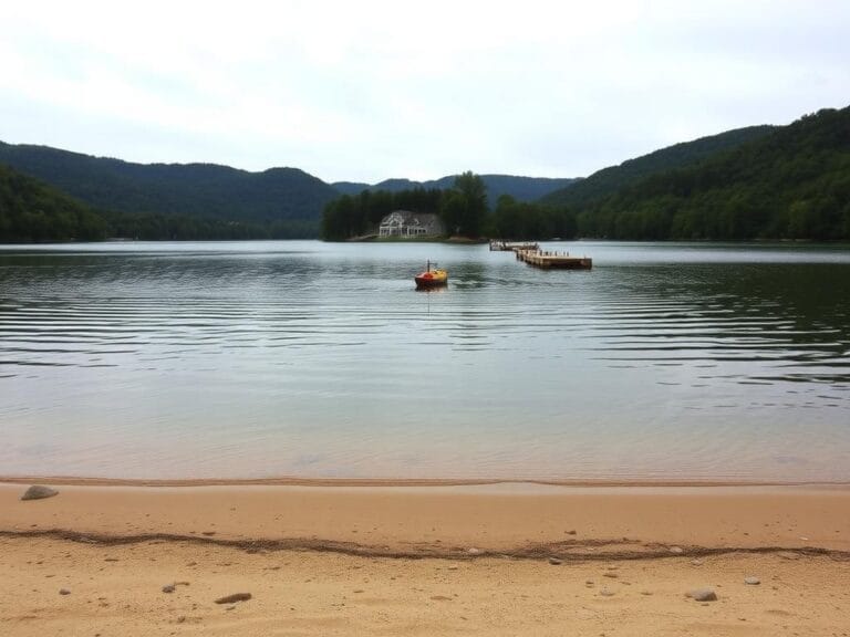 Flick International Serene view of Lake Chatuge with reflective waters and lush green surroundings