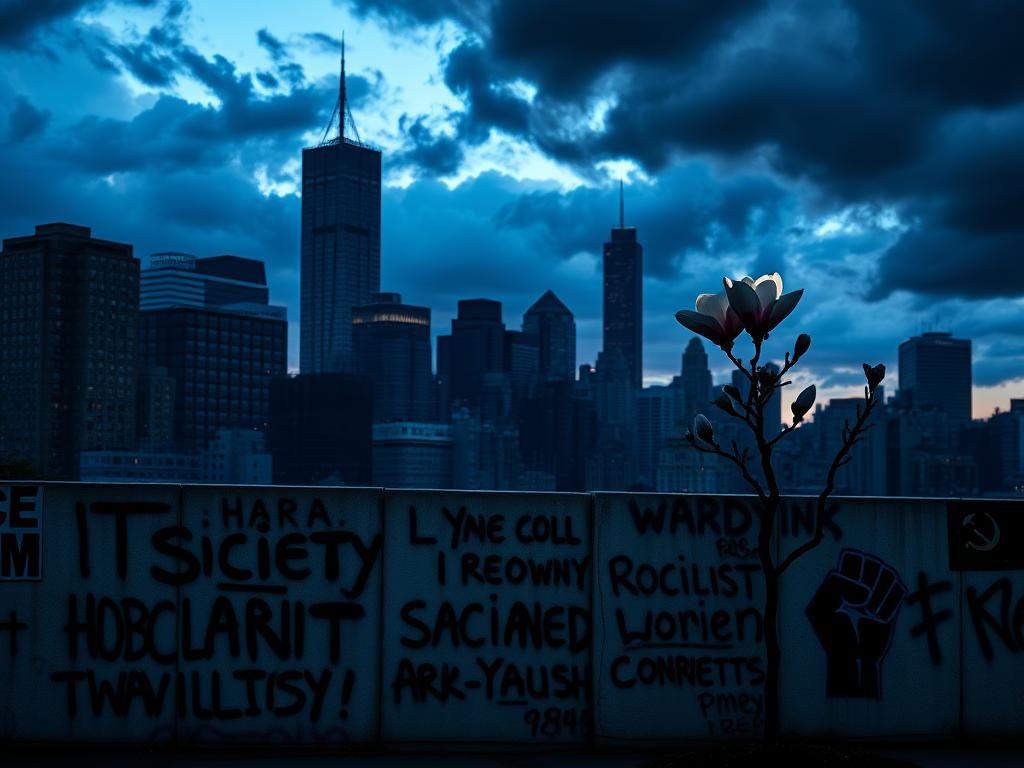 Flick International Dramatic New York City skyline at dusk with graffiti-covered wall
