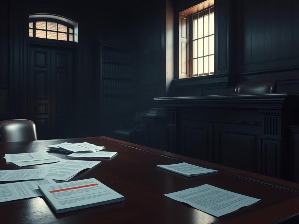 Flick International Dimly lit courtroom scene highlighting justice with a grand judge's bench and legal documents