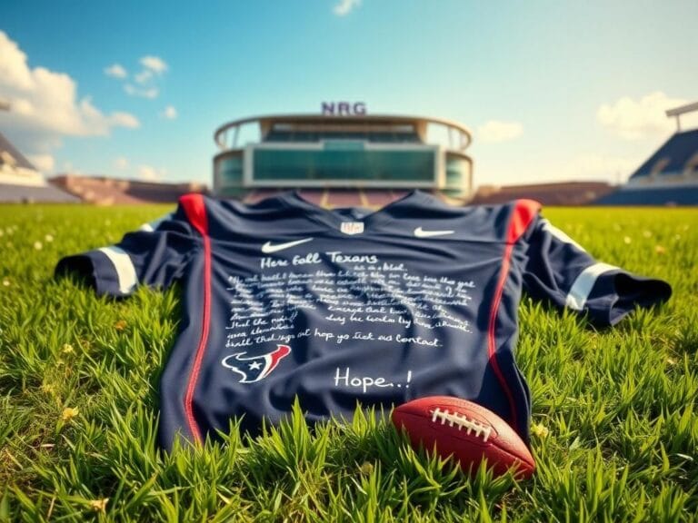 Flick International A Houston Texans jersey laid on a grassy football field with NRG Stadium in the background