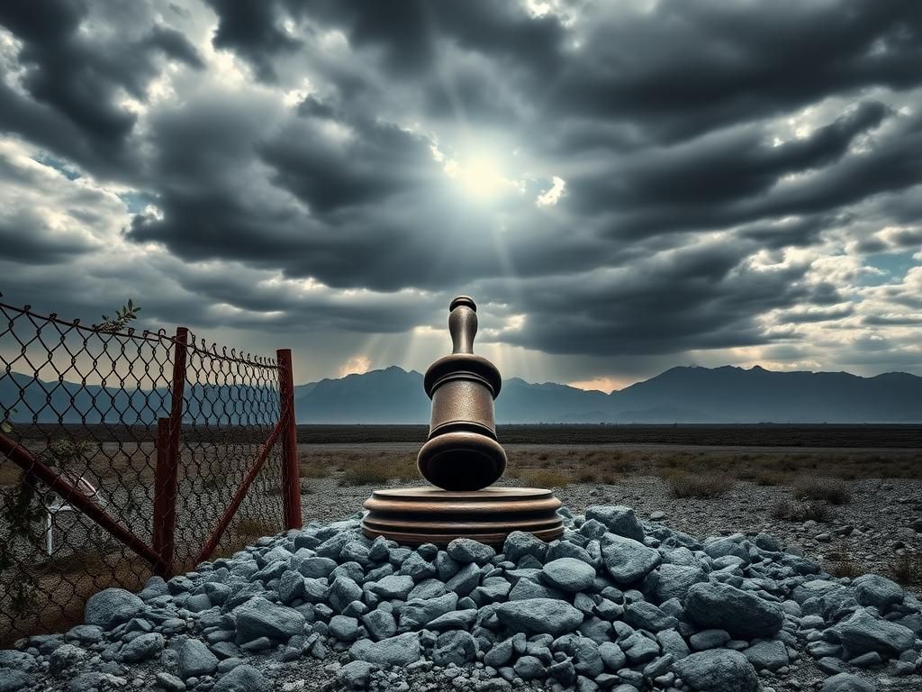 Flick International A striking landscape featuring rusty chain-link fences and a weathered gavel symbolizing immigration and judicial power.