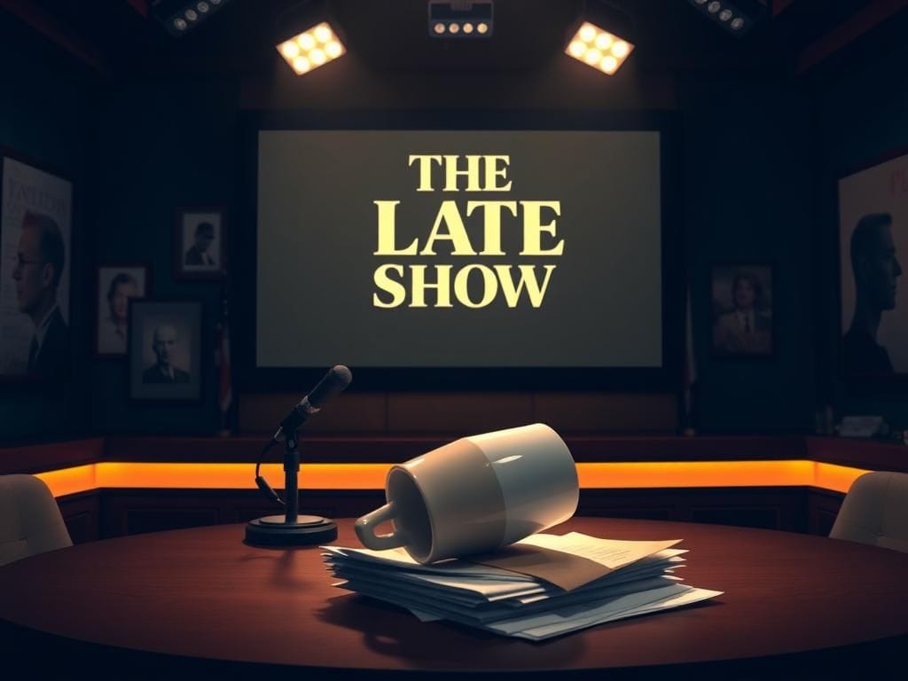 Flick International Empty late-night television studio set with a microphone and somber lighting