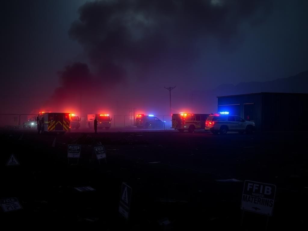 Flick International Aftermath of explosion at LA County Sheriff's Department facility showing charred debris and emergency vehicles