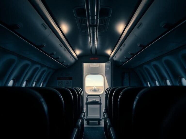 Flick International Empty aircraft cabin with emergency exit door slightly ajar, reflecting a tense atmosphere