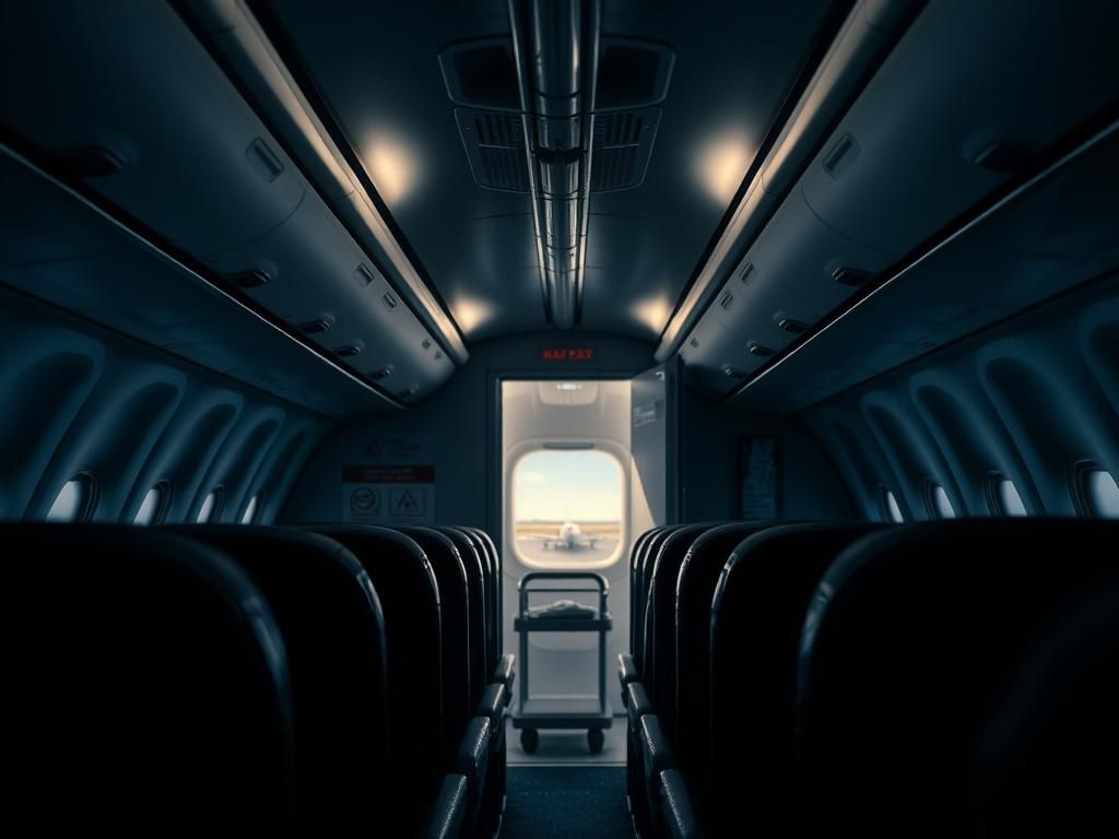 Flick International Empty aircraft cabin with emergency exit door slightly ajar, reflecting a tense atmosphere