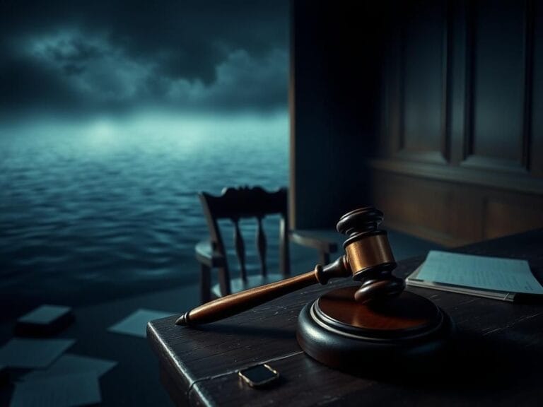 Flick International Dimly lit courtroom scene with a gavel and legal documents, symbolizing justice and uncertainty in a murder trial