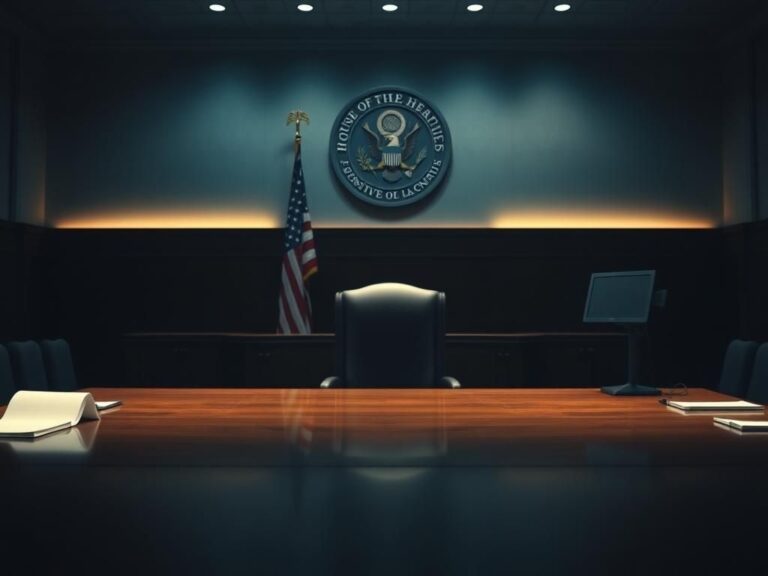 Flick International Empty congressional hearing room with an American flag and House of Representatives seal