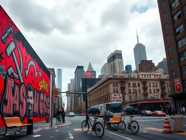 Flick International A vibrant street scene in New York City with a political graffiti mural symbolizing ideological debate.