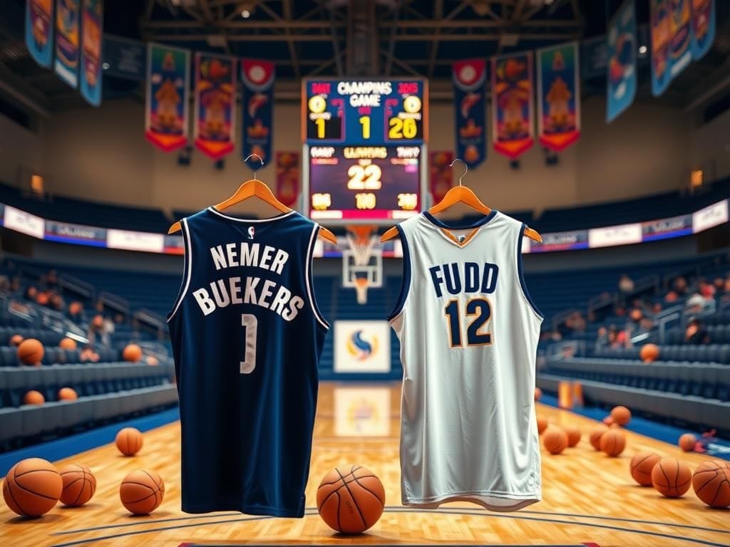 Flick International vibrant basketball court scene with jerseys for Bueckers and Fudd