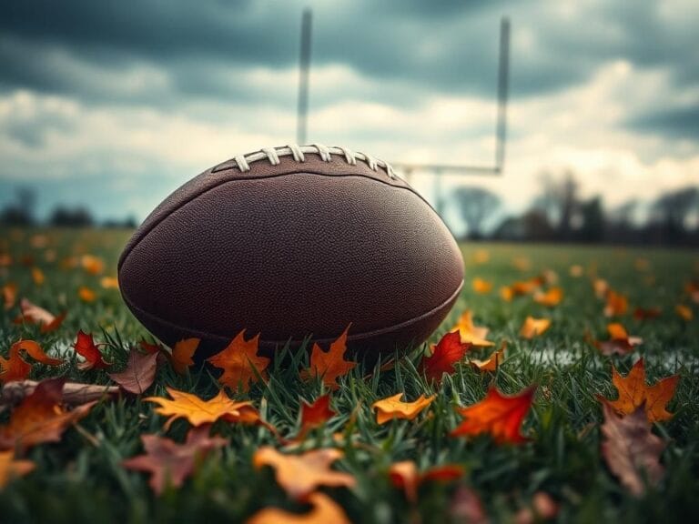 Flick International A close-up of a football surrounded by autumn leaves on a grass field