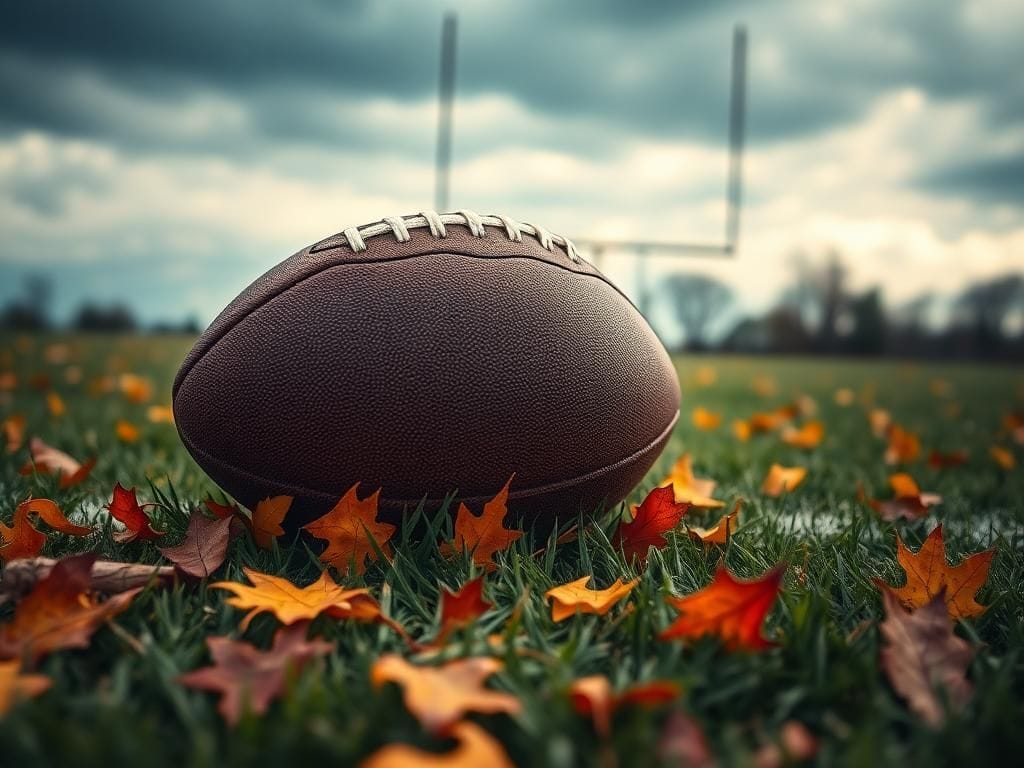 Flick International A close-up of a football surrounded by autumn leaves on a grass field