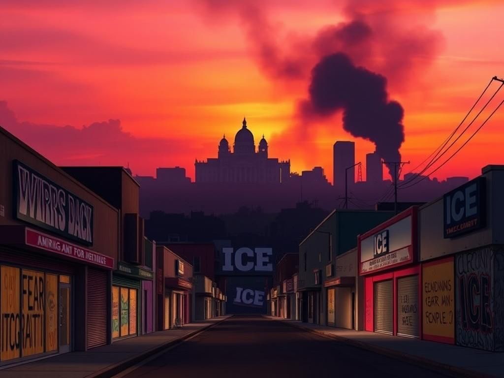Flick International A deserted street in Los Angeles under an orange and pink sunset, symbolizing tension and conflict