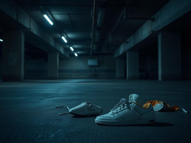 Flick International Abandoned white sneakers and football gear in a dimly lit Texas parking garage