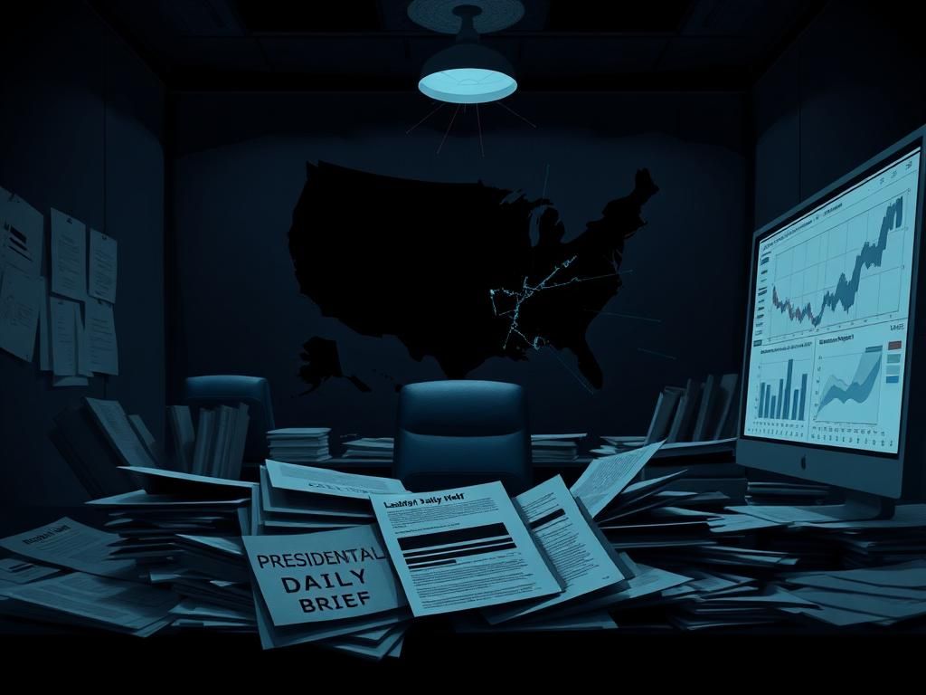 Flick International Dimly lit bureaucratic office space filled with redacted documents representing political manipulation