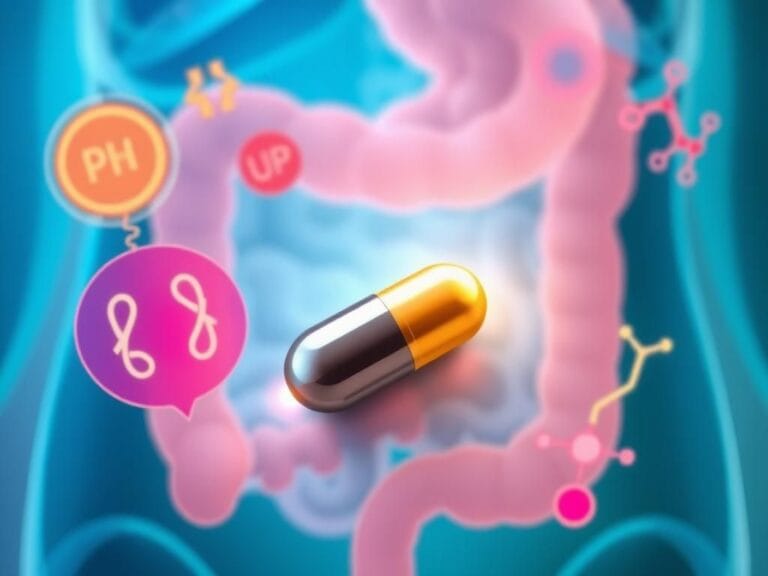 Flick International Close-up of a futuristic smart capsule among illustrations of the human digestive system