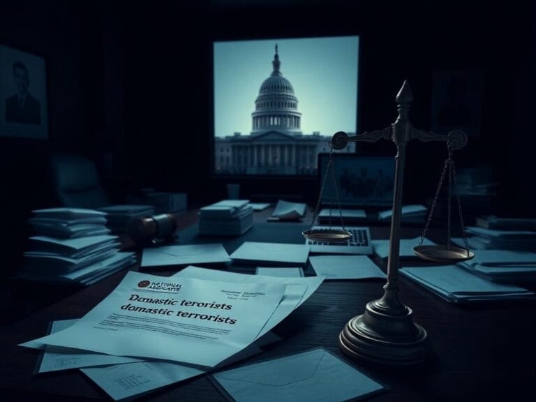 Flick International A dimly lit office with a wooden desk filled with legal documents and a view of the U.S. Capitol.