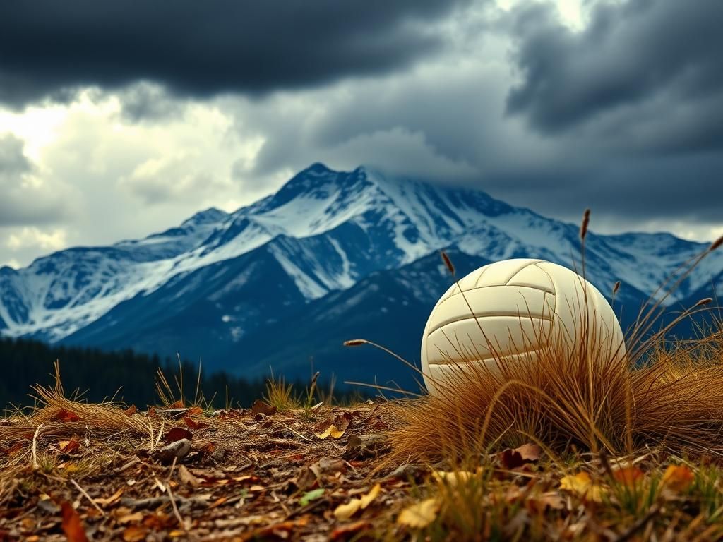 Flick International Abandoned volleyball in the foreground of a dramatic snow-capped mountain range under an overcast sky