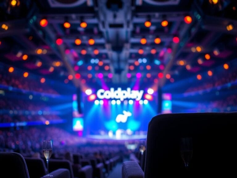 Flick International Vibrant scene of a Coldplay concert with a luxury suite and intimate atmosphere.