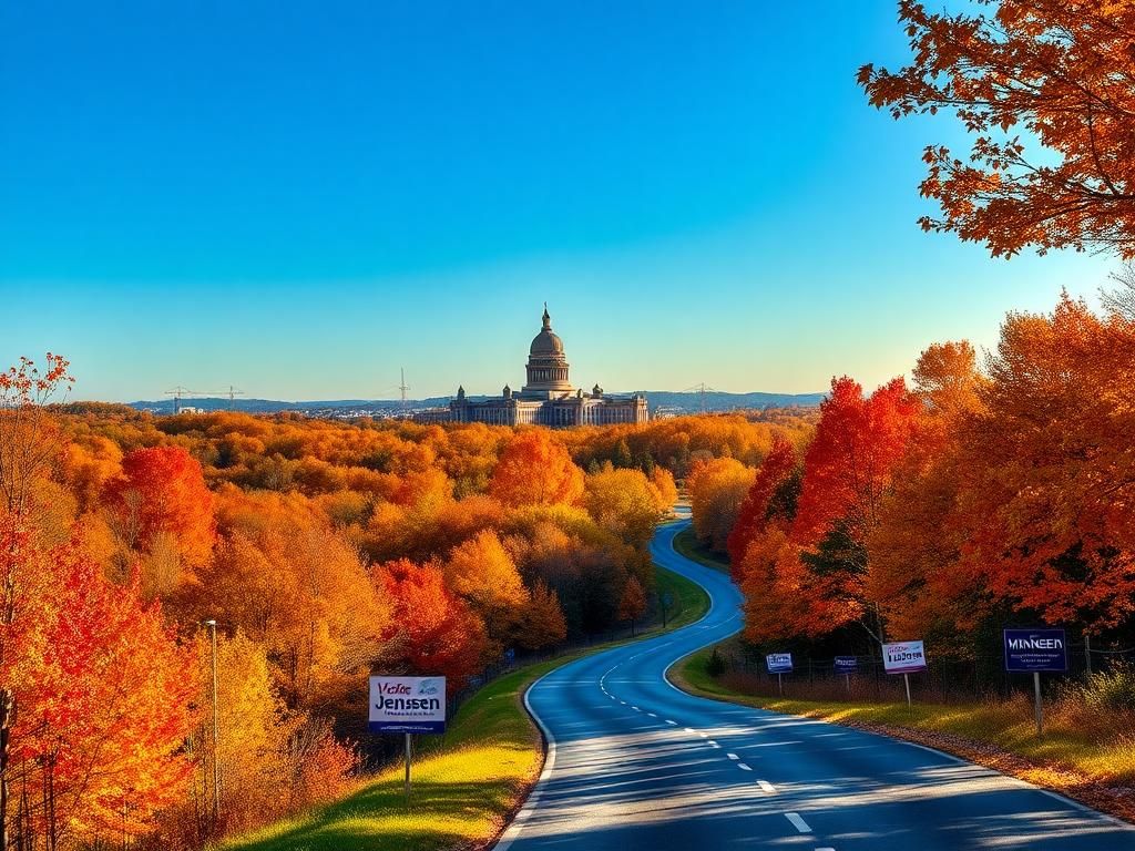 Flick International A picturesque autumn view of Minnesota with vibrant fall foliage and the state capitol in the background.