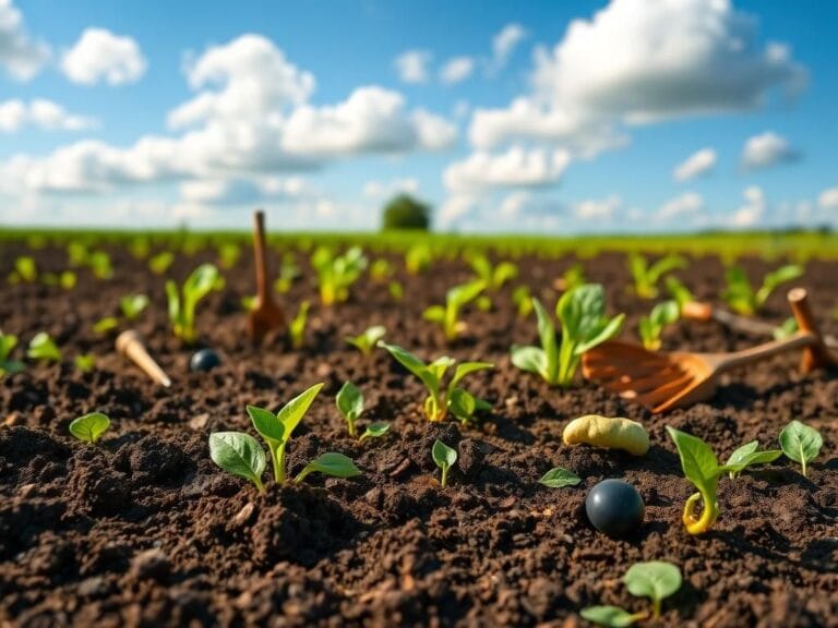 Flick International Close-up of dark, fertile soil with vibrant green crops and agricultural technology in a serene landscape