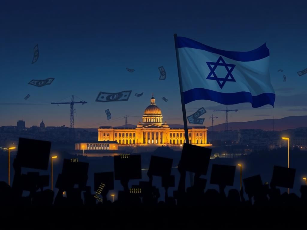 Flick International Conceptual illustration of a cityscape in Israel featuring iconic landmarks and protest symbols at dusk