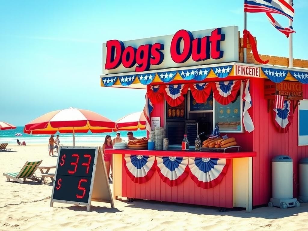 Flick International A vibrant hot dog stand named 'Dogs Out' at the Jersey Shore, bustling with customers and colorful decorations.