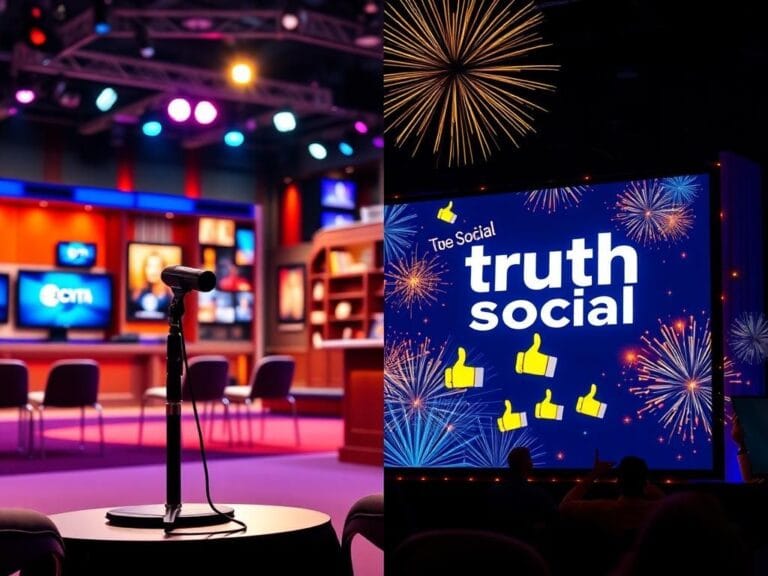 Flick International Split-screen image showing contrasting reactions to Stephen Colbert's cancellation with a vibrant TV studio and a celebratory Truth Social display.