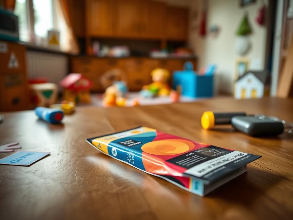 Flick International Close-up of a colorful nicotine pouch pack on a wooden table with warning symbols
