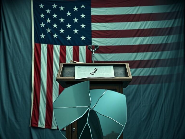 Flick International A weathered podium with a broken microphone and scattered papers against a faded American flag, symbolizing broken trust in politics.