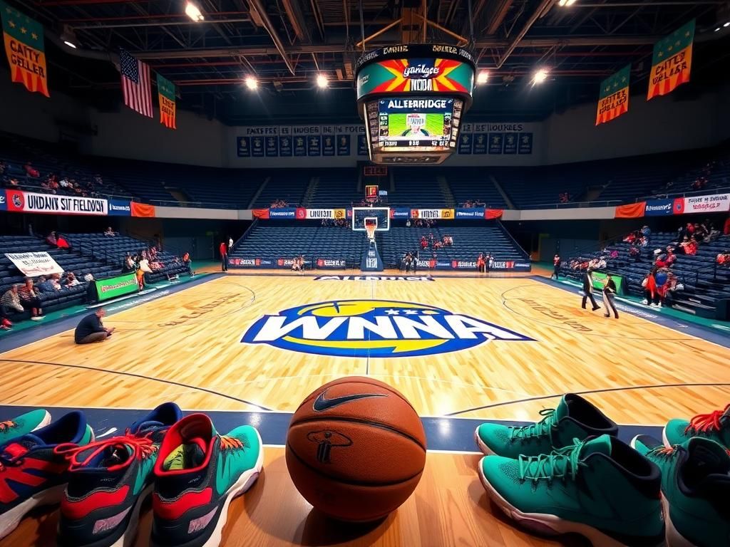 Flick International Vibrant basketball court at Gainbridge Fieldhouse with WNBA logo and colorful sneakers
