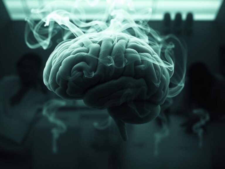 Flick International Conceptual image of a human brain surrounded by swirling marijuana smoke