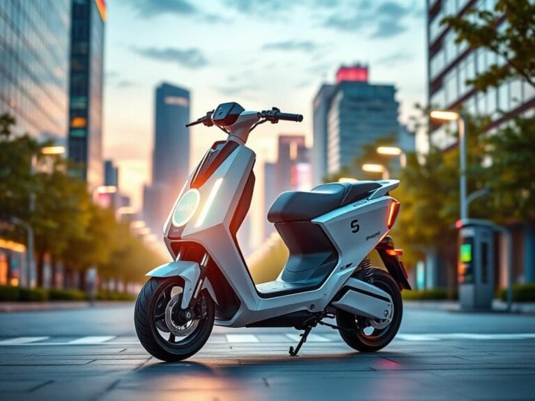 Flick International A self-driving scooter, the Omoway Omo X, parked autonomously in a vibrant urban landscape at dusk.