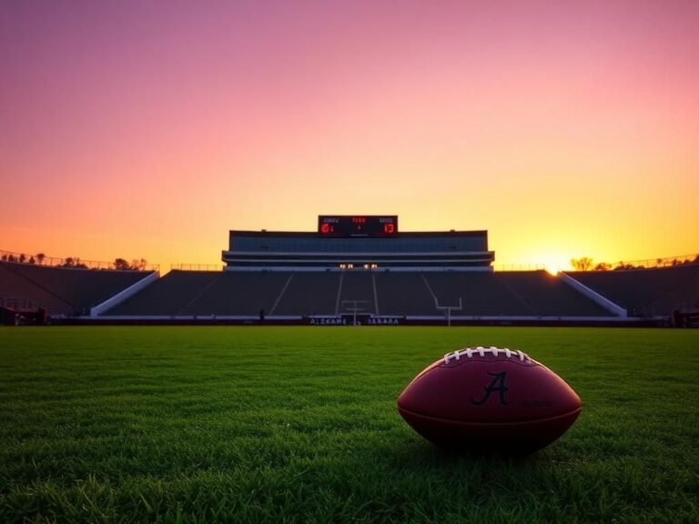 Flick International A serene college football field at sunset with the Alabama Crimson Tide end zone in the foreground