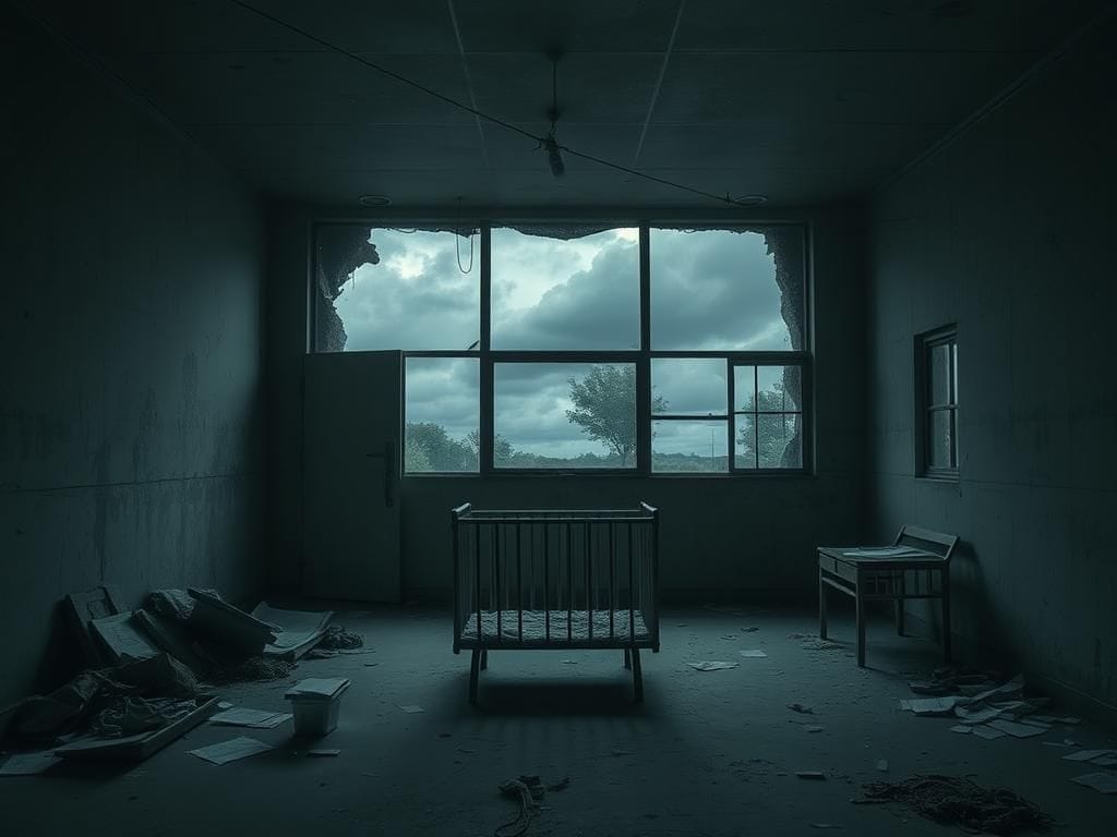 Flick International Dimly lit, abandoned government-run migrant shelter with broken crib and scattered papers