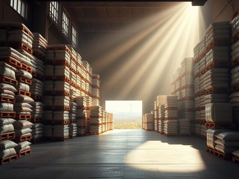 Flick International Warehouse filled with colorful bags of food aid ready for distribution
