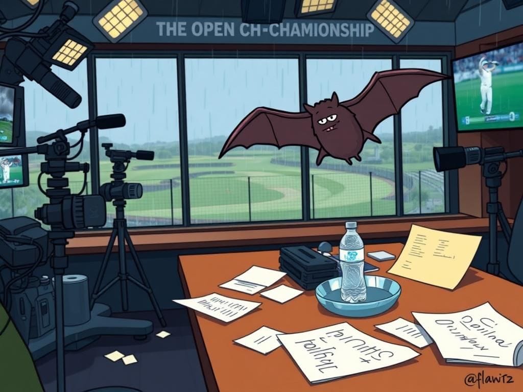 Flick International A small cartoonish bat flying in a broadcasting booth during The Open Championship