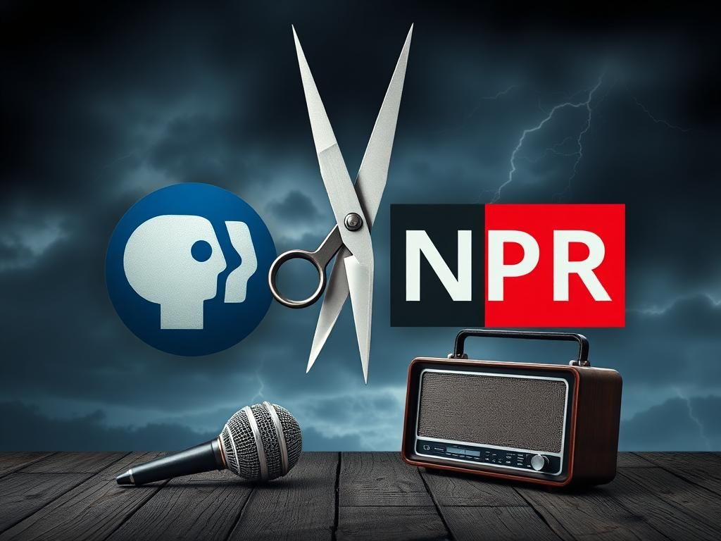 Flick International A dramatic representation of PBS and NPR logos overshadowed by scissors symbolizing budget cuts