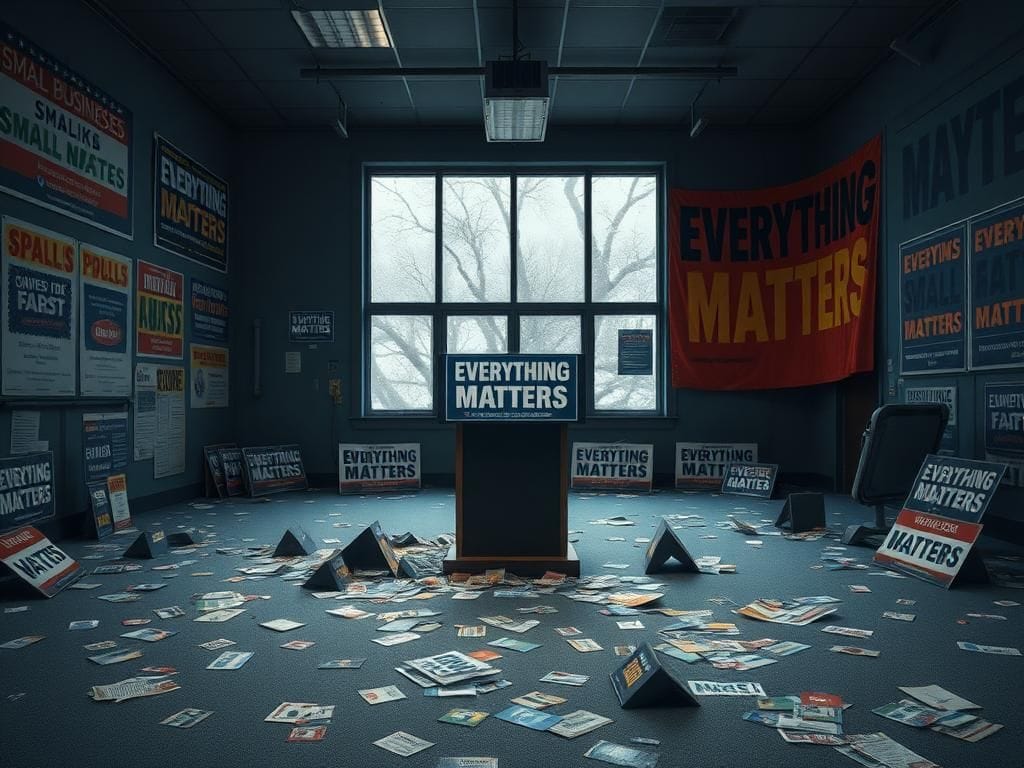 Flick International Dimly lit, empty political campaign headquarters filled with abandoned campaign signs and scattered flyers