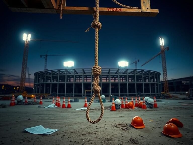 Flick International A noose hanging from a beam at the construction site of the Tennessee Titans' new stadium amidst grim surroundings