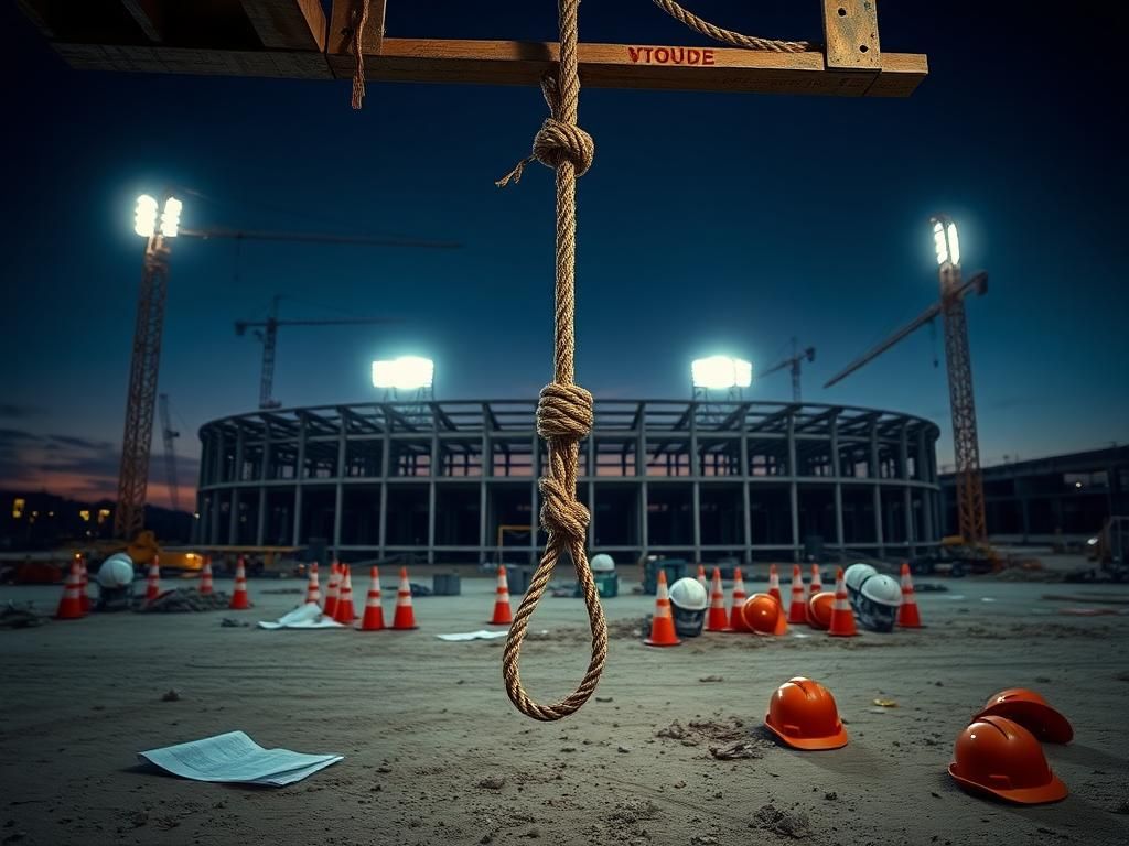 Flick International A noose hanging from a beam at the construction site of the Tennessee Titans' new stadium amidst grim surroundings
