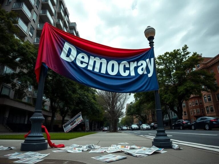 Flick International Urban landscape of Astoria, New York, featuring a modern apartment building and a prominent 'Democracy' banner on a lamppost.