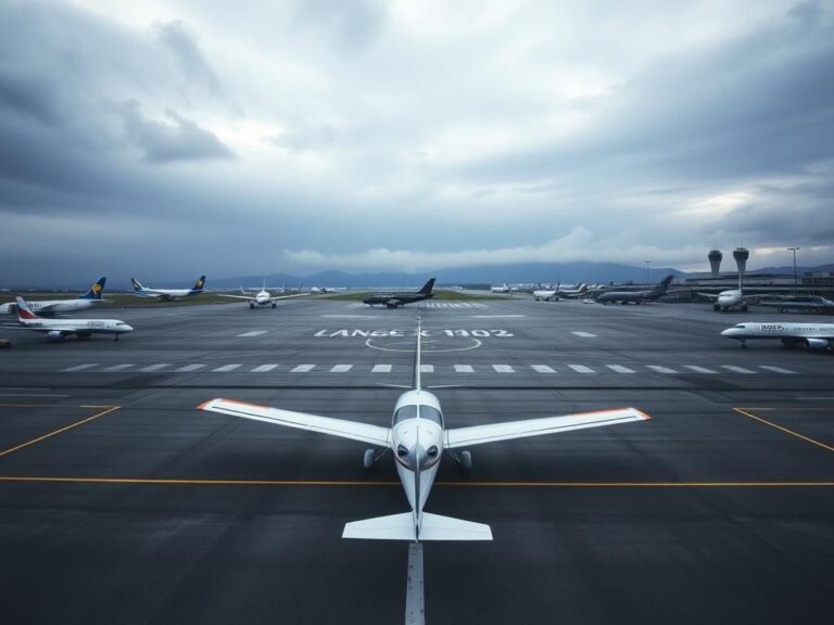 Flick International Aerial view of Vancouver International Airport with a small Cessna 172 parked amidst larger aircraft.