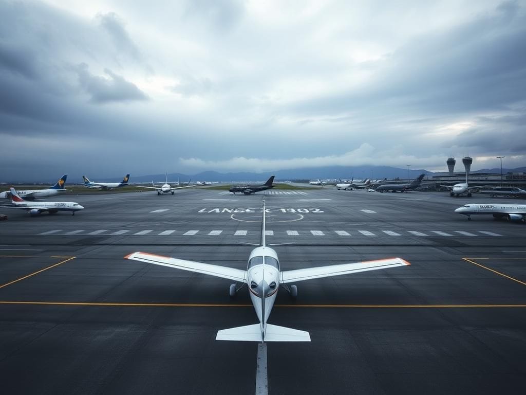 Flick International Aerial view of Vancouver International Airport with a small Cessna 172 parked amidst larger aircraft.