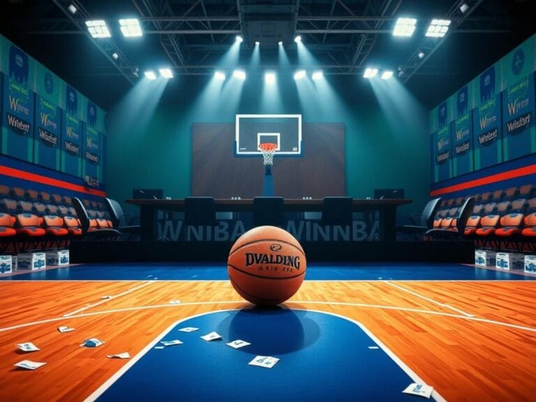 Flick International A basketball court symbolizing ongoing labor negotiations in the WNBA with a basketball at center stage