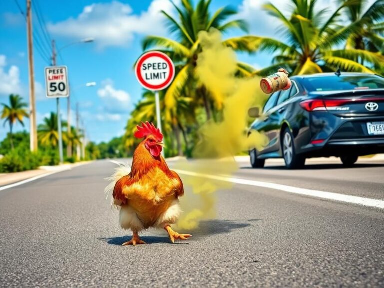 Flick International A distressed chicken crossing a road in Key West, Florida, symbolizing a chaotic road rage incident.