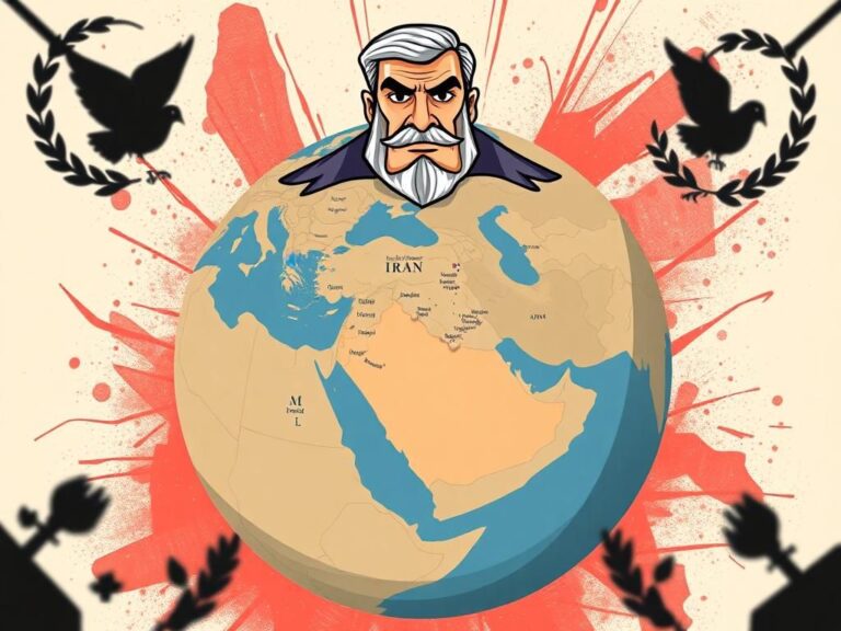 Flick International Illustrated globe of the Middle East showing Israel and Iran with a fatherly figure overseeing